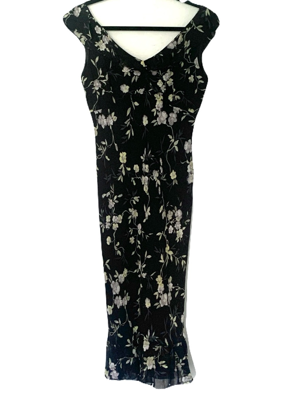 Vintage Y2K Evan Picone Size 8 Black Yellow Floral Ruffle Sleeveless Midi Dress